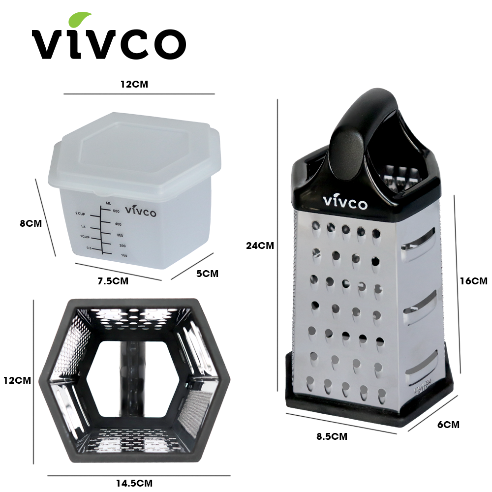 Vivco Cheese Grater 6 Sided Slicer & Zester with Measuring Container & Lid